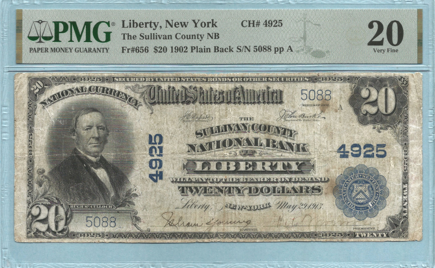 $20 National Currency 1902-PB Ch#4925 - Sullivan County NB, Liberty, NY - PMG 20
