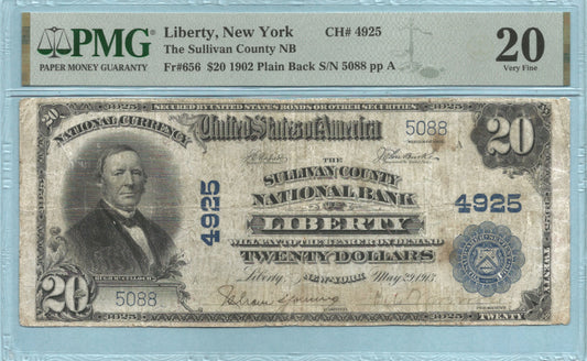 $20 National Currency 1902-PB Ch#4925 - Sullivan County NB, Liberty, NY - PMG 20