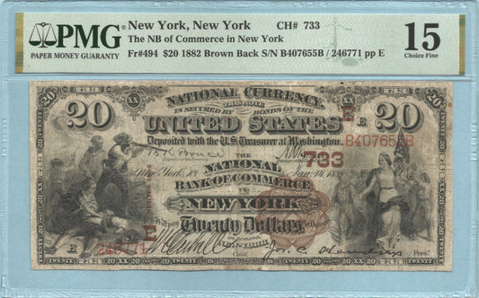 $20 National Currency 1882-BB - Ch#733 - NB of Commerce, New York, NY - PMG 15