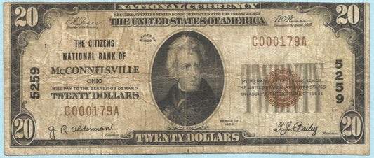 $20 National Currency 1929-T1 - Ch#5259 - Citizens NB, McConnelsville, OH - F+