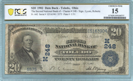 $20 National Currency 1902-DB - Ch#248 - 2nd NB, Toledo, OH - PCGS 15