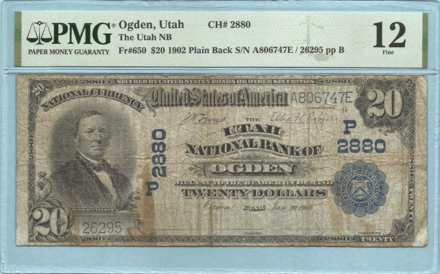 $20 National Currency 1902-PB - Ch#2880 - Utah NB, Ogden, UT - PMG 12