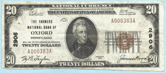 $20 National Currency 1929-T1 - Ch#2906 - Farmers NB, Oxford, PA - VF+/ChVF