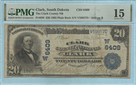 $20 National Currency 1902-PB - Ch#6409 - Clark County NB, Clark, SD - PMG 15