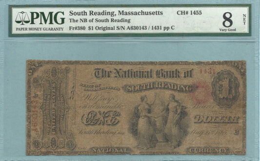 $1 National Currency 1865-Original - Ch#1455 - NB of South Reading, MA - PMG 8 NET