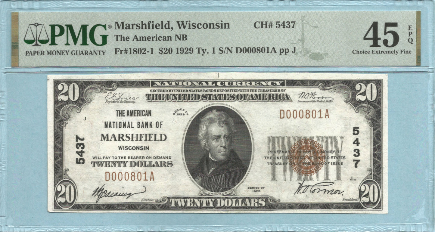 $20 National Currency 1929-T1 Ch#5437 - American NB, Marshield, WI - PMG 45 EPQ