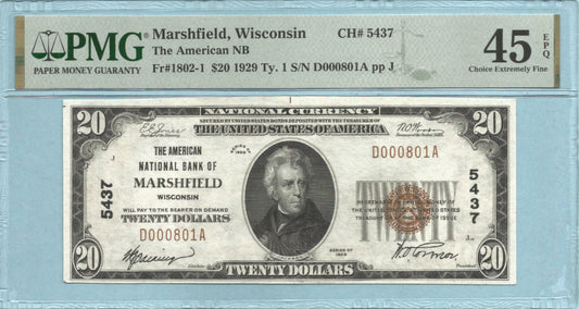 $20 National Currency 1929-T1 Ch#5437 - American NB, Marshield, WI - PMG 45 EPQ