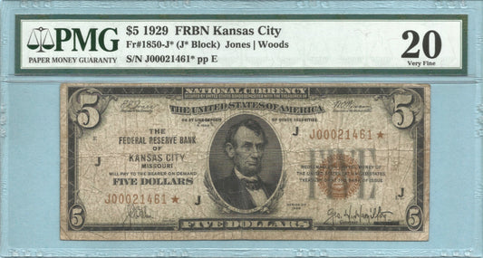 $5 Federal Reserve Bank Note 1929 - Fr#1850-J* - STAR NOTE - PMG 20