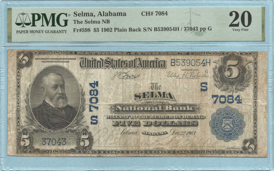 $5 National Currency 1902-PB - Ch#7084 - Selman NB, Selma, AL - PMG 20