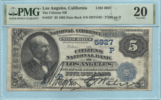 $5 National Currency 1882-DB - Ch#5927 - Citizens NB, Los Angeles, CA - PMG 20