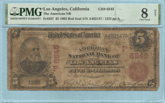 $5 National Currency 1902-RS - Ch#6545 - American NB, Los Angeles, CA -PMG 8 NET