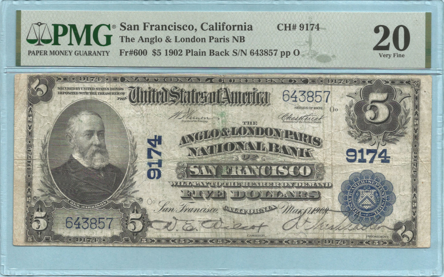 $5 National Currency 1902-PB - Ch#9174 - Anglo & London Paris NB, San Fran, CA - PMG 20