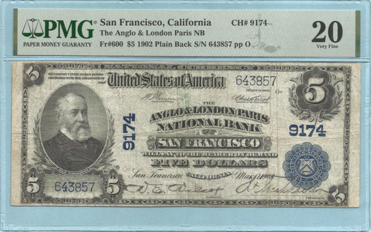 $5 National Currency 1902-PB - Ch#9174 - Anglo & London Paris NB, San Fran, CA - PMG 20