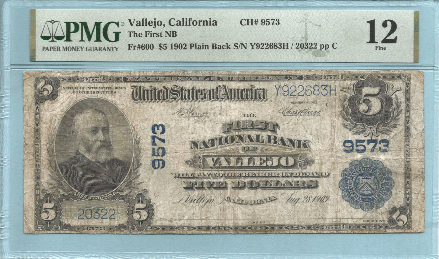 $5 National Currency 1902-PB - Ch#9573 - 1st NB, Vallejo, CA - PMG 12