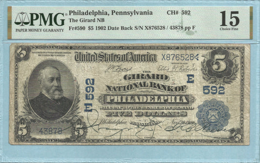 $5 National Currency 1902-DB - Ch#592 - Girard NB, Philadelphia, PA - PMG 15