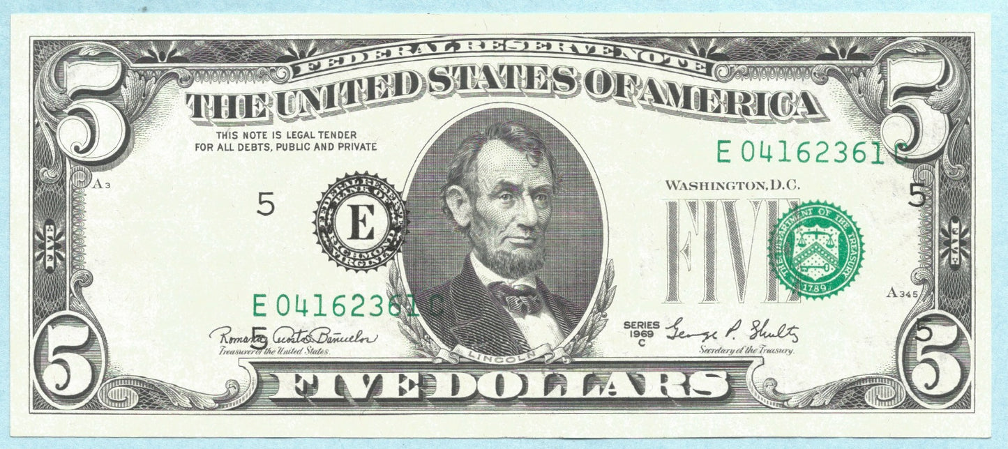 $5 Federal Reserve Bank Note - 1969-C - Error Note - ChVF - Dramatic 3rd Printing Shift