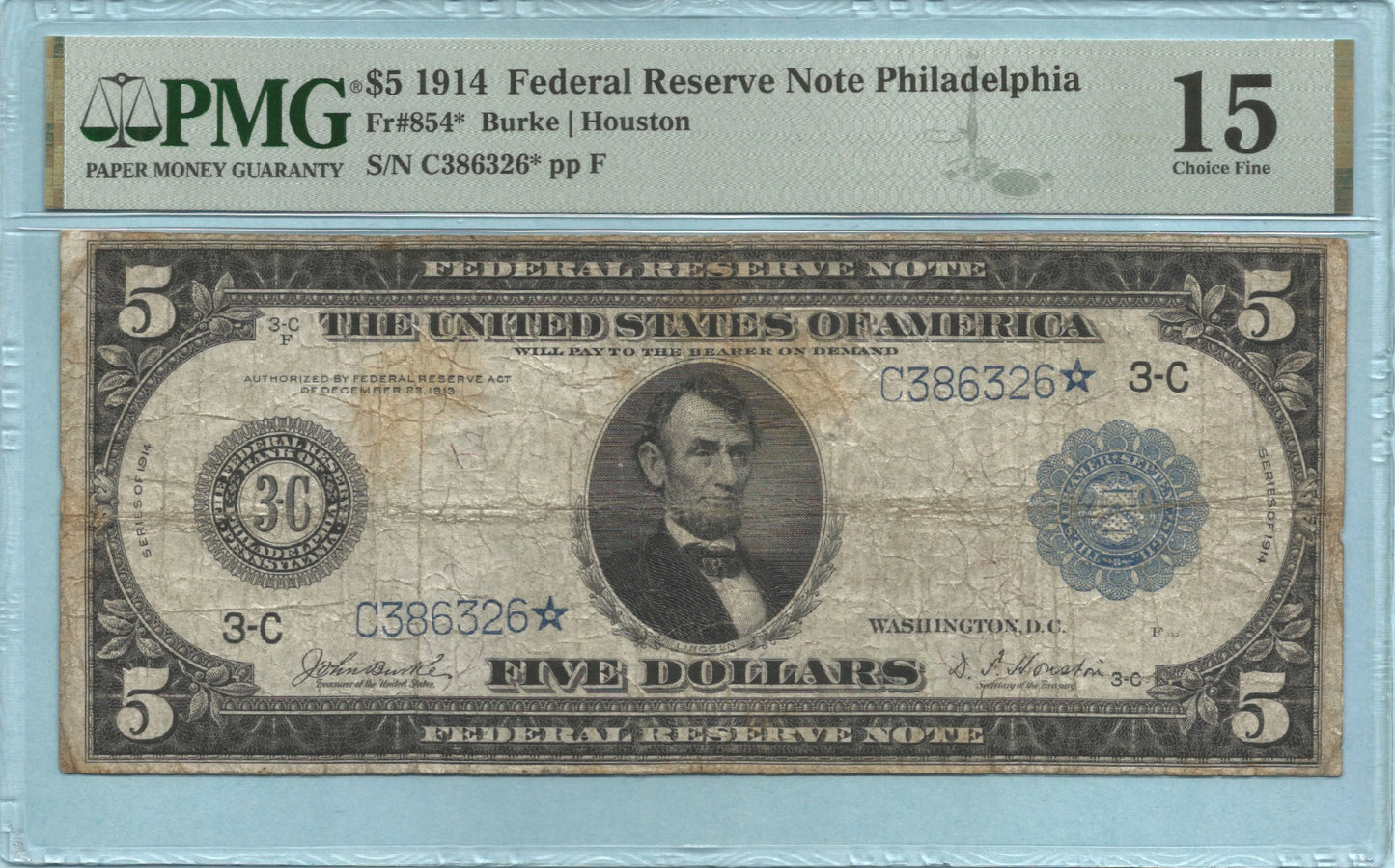 $5 Federal Reserve Note 1914 - Fr#854* - STAR NOTE - (C) Philadelphia - PMG 15