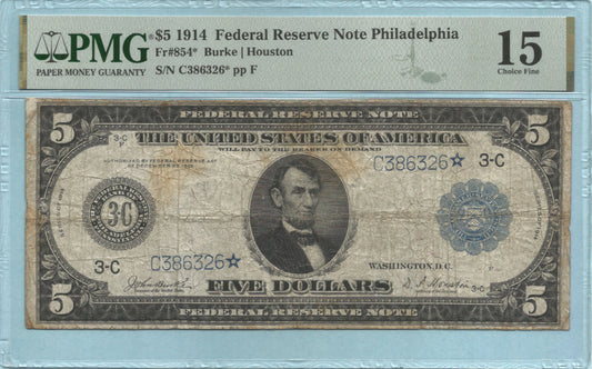 $5 Federal Reserve Note 1914 - Fr#854* - STAR NOTE - (C) Philadelphia - PMG 15