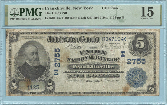 $5 National Currency 1902-DB - Ch#2755 - Union NB, Franklinville, NY - PMG 15