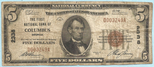 $5 National Currency 1929-T1 - Ch#2338 - 1st NB, Columbus, GA - F+