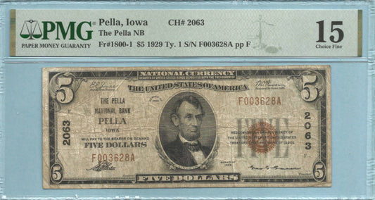 $5 National Currency 1929-T1 - Ch#2063 - Pella NB, Pella, IA - PMG 15