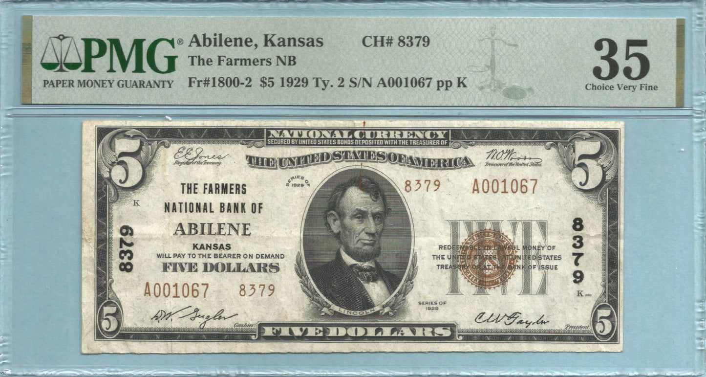 $5 National Currency 1929-T2 - Ch#8379 - Farmers NB, Abilene, KS - PMG 35