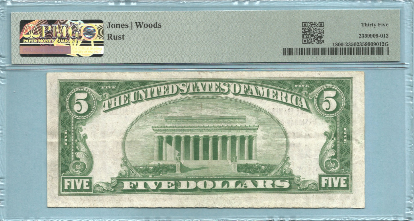 $5 National Currency 1929-T2 - Ch#8379 - Farmers NB, Abilene, KS - PMG 35