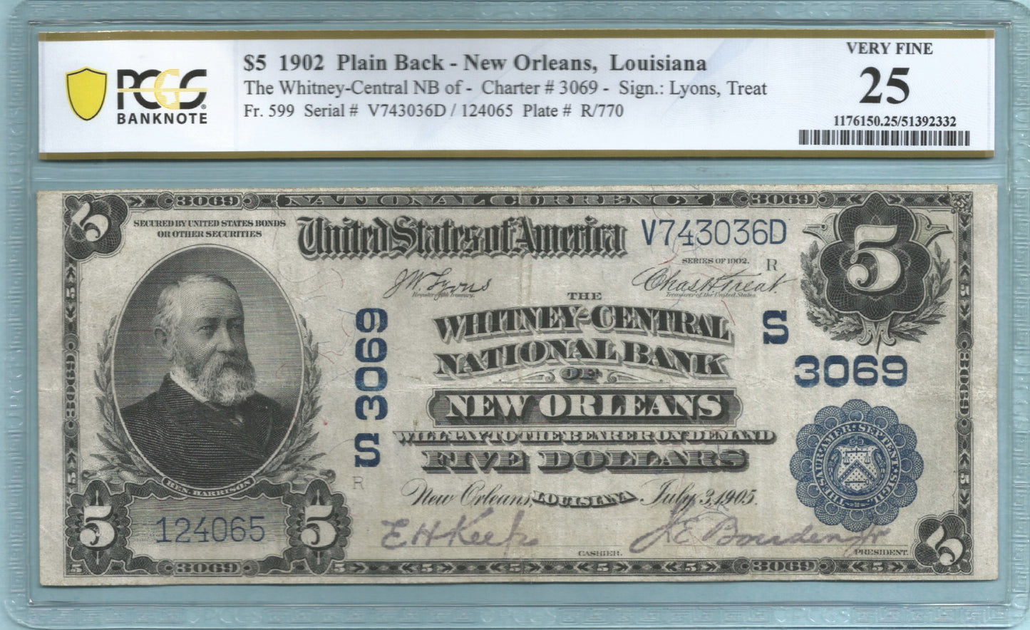 $5 National Currency 1902-PB Ch#3069 Whitney-Central NB, New Orleans, LA PCGS 25