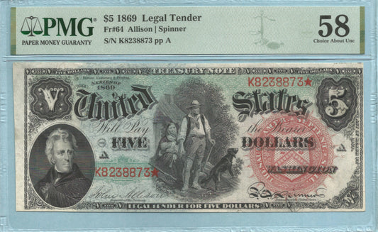 $5 Legal Tender Note 1869 - Fr#64 - PMG 58