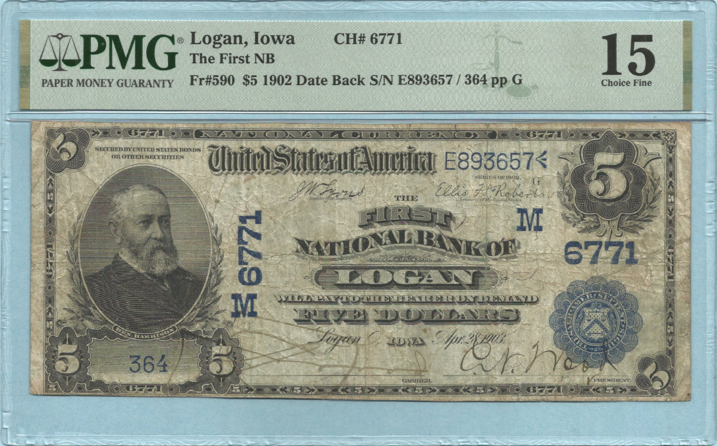 $5 National Currency 1902-DB - Ch#6771 - 1st NB, Logan, IA - PMG 15