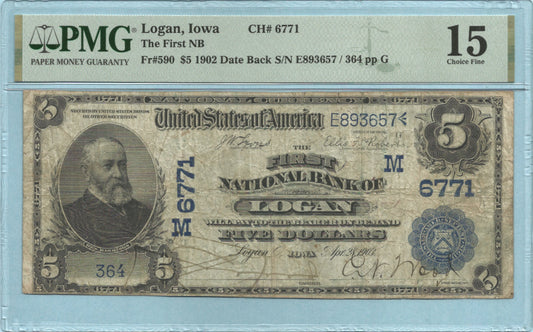 $5 National Currency 1902-DB - Ch#6771 - 1st NB, Logan, IA - PMG 15