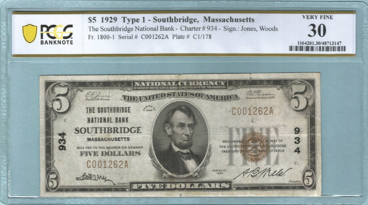 $5 National Currency 1929-T1 - Ch#934 - Southbridge NB, Southbridge, MA - PCGS 30
