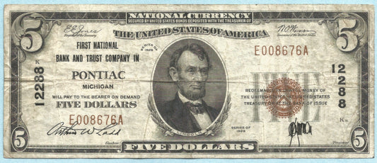 $5 National Currency 1929-T1 - Ch#12288 - 1st NB&TC, Pontiac, MI - VF