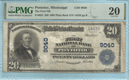 $20 National Currency 1902-PB - Ch#9040 - 1st NB, Pontotoc, MS - PMG 20