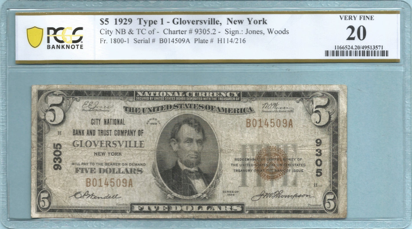 $5 National Currency 1929-T1 - Ch#9305 - City NB&TC, Gloversville, NY - PCGS 20