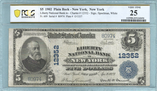 $5 National Currency 1902-PB - Ch#12352 - Liberty NB, New York, NY - PCGS 25