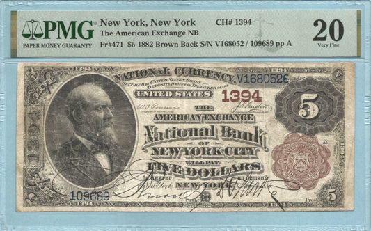 $5 National Currency 1882-BB - Ch#1394 - American Exchange NB, New York, NY - PMG 20
