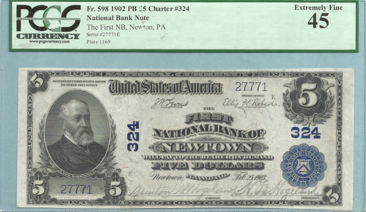 $5 National Currency 1902-PB - Ch#324 - 1st NB, Newtown, PA - PCGS 45