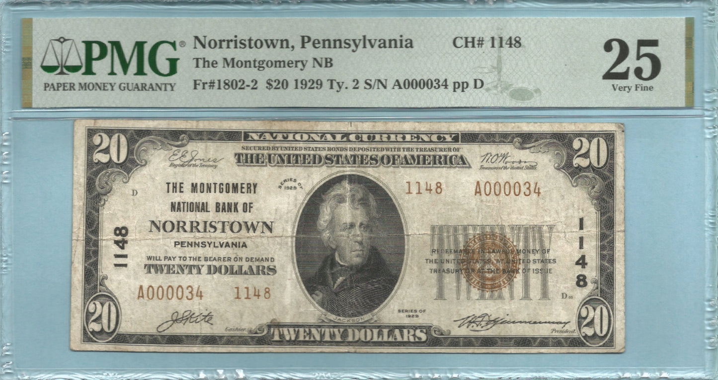 $20 National Currency 1929-T2 - Ch#1148 - Montgomery NB, Norristown, PA - PMG 25