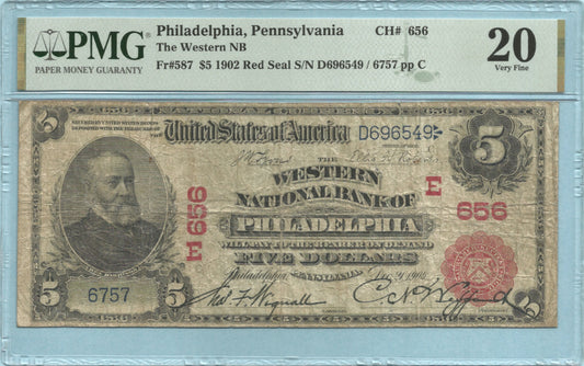 $5 National Currency 1902-RS - Ch#656 - Western NB, Philadelphia, PA - PMG 20