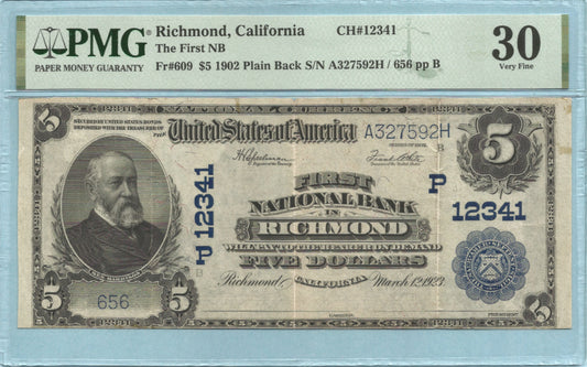 $5 National Currency 1902-PB - Ch#12341 - 1st NB, Richmond, CA - PMG 30 - Split
