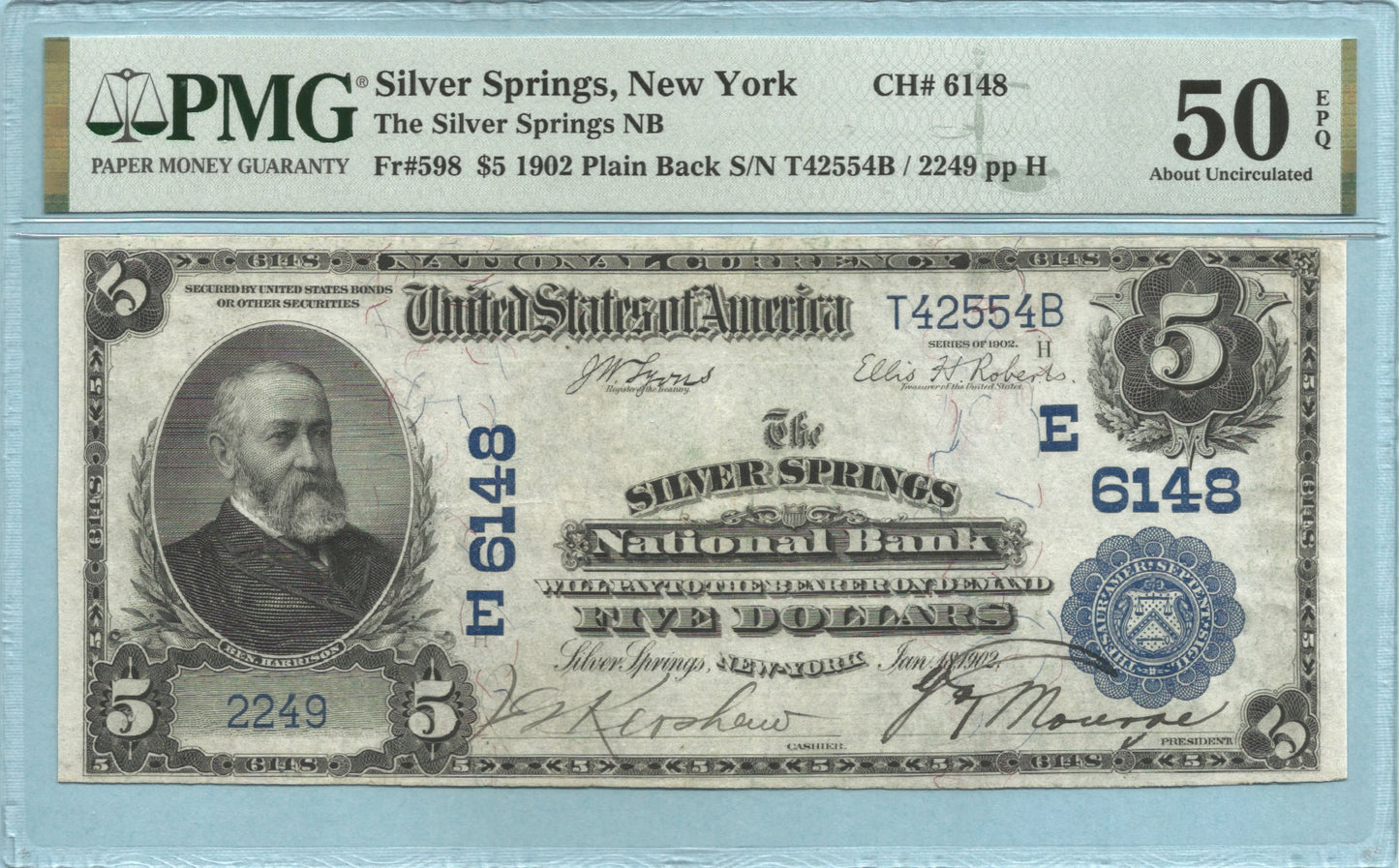 $5 National Currency 1902-PB - Ch#6148 - Silver Springs NB, Silver Springs, NY - PMG 50 EPQ