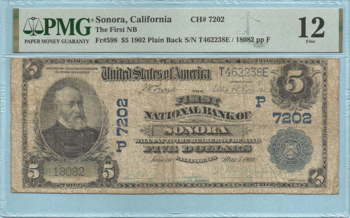 $5 - National Currency 1902-PB - Ch#7202 - 1st NB, Sonora, CA - PMG 12