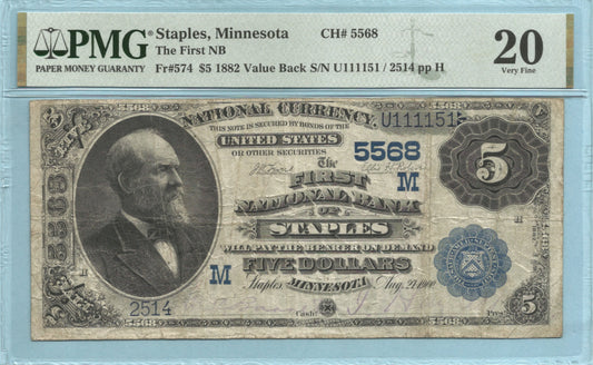 $5 National Currency 1882-VB - Ch#5568 - 1st NB, Staples, MN - PMG 20