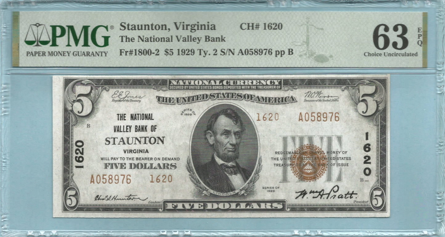 $5 National Currency 1929-T2 - Ch#1620 - National Valley Bank, Staunton, VA - PMG 63 EPQ