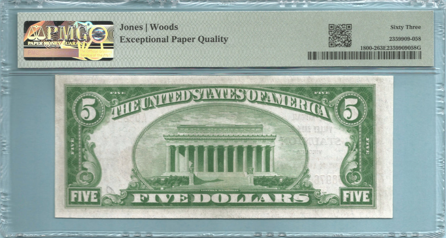 $5 National Currency 1929-T2 - Ch#1620 - National Valley Bank, Staunton, VA - PMG 63 EPQ