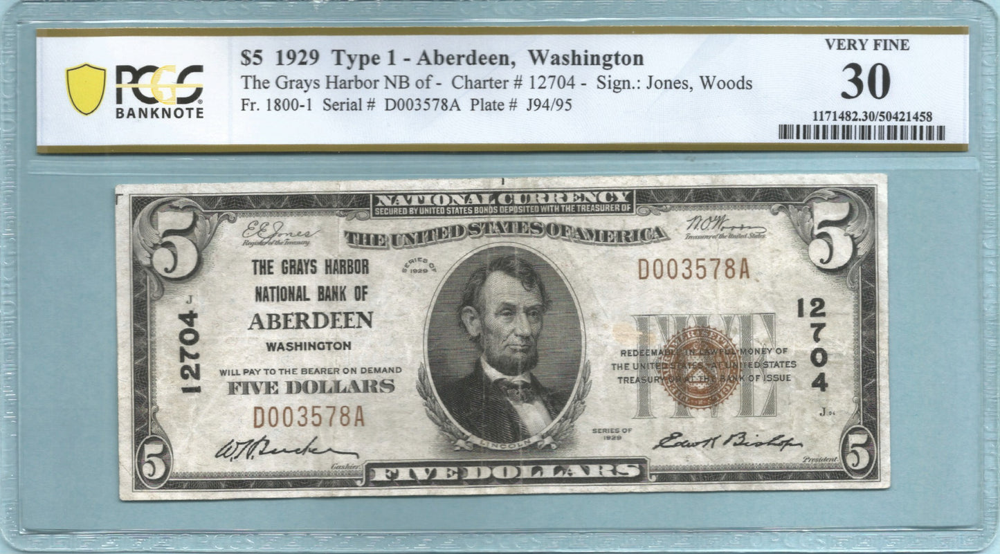 $5 National Currency 1929-T1 Ch#12704 - Grays Harbor NB, Aberdeen, WA - PCGS 30