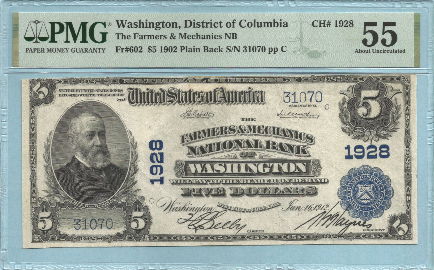 $5 National Currency 1902-PB - Ch#1928 - Farmers & Mechanics NB, Washington, DC - PMG 55