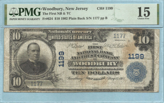 $10 National Currency 1902-PB - Ch#1199 - 1st NB&TC, Woodbury, NJ - PMG 15