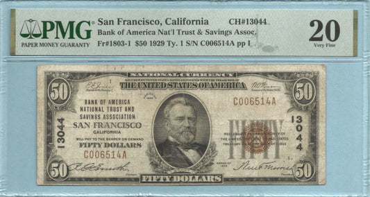 $50 National Currency 1929-T1 - Ch#13044 - BOA NT&SA, San Francisco, CA - PMG 20
